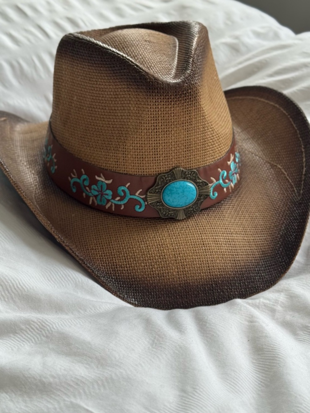 Turquoise Stone Accent Brown Western Cowboy Straw Hat with Floral Embroidery